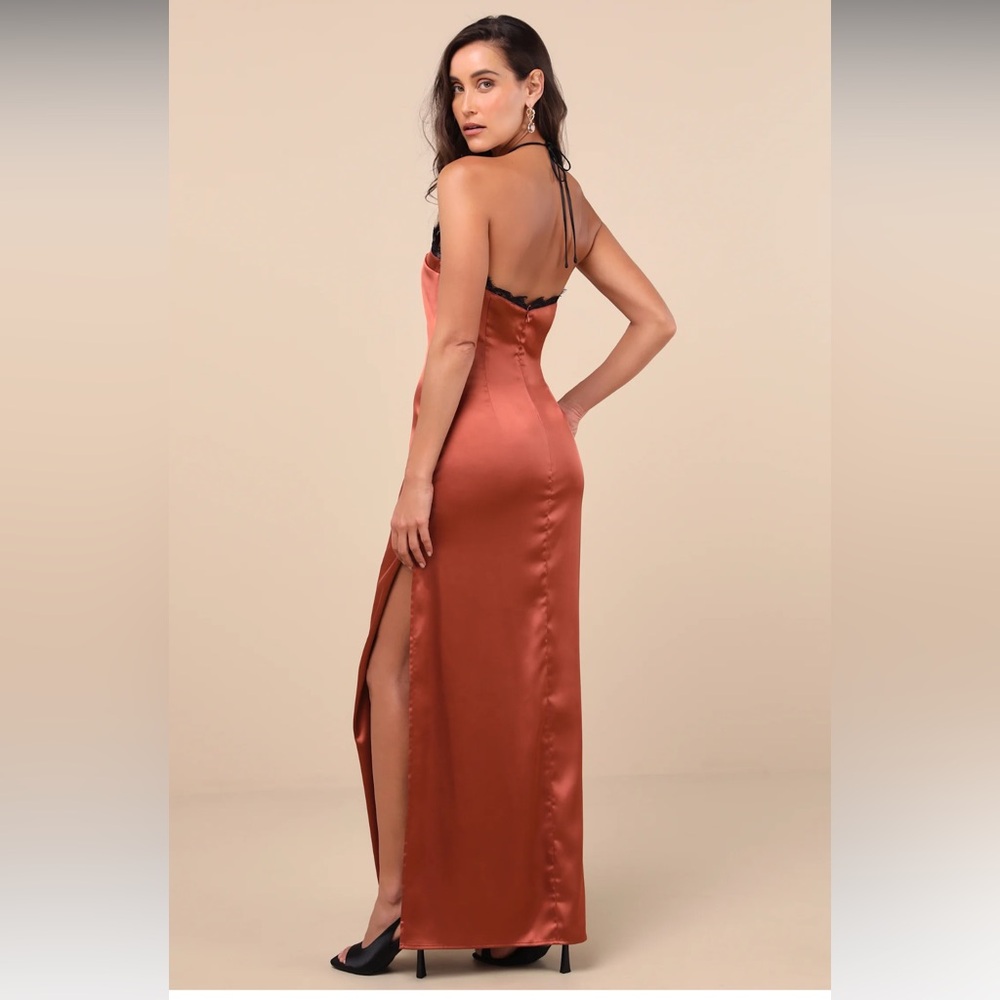 Lulus Mairwen Rust And Black Satin Lace Halter Maxi Dress Orange - Size M - Picture 2 of 6